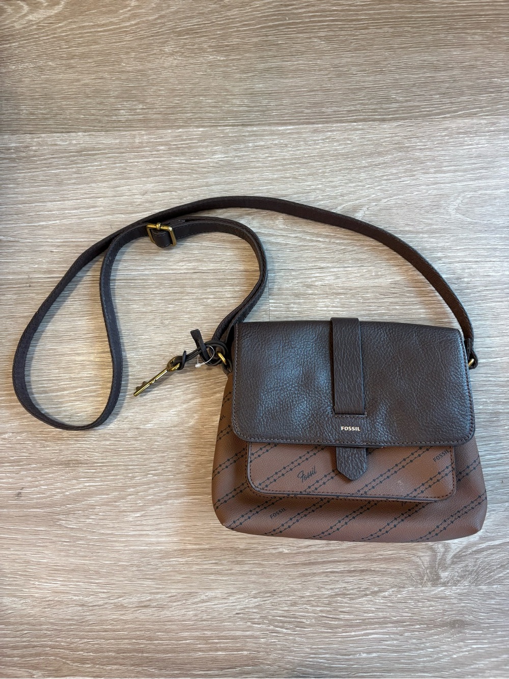 Fossil Two-Tone Brown Leather & Monogram Crossbody Bag